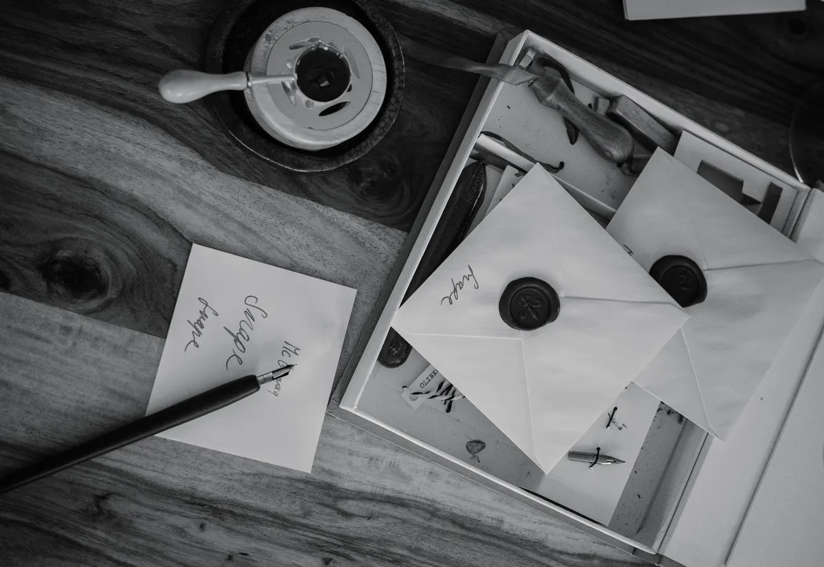 A fountain pen resting on a note beside two wax-sealed envelopes and calligraphy tools on a wooden desk.